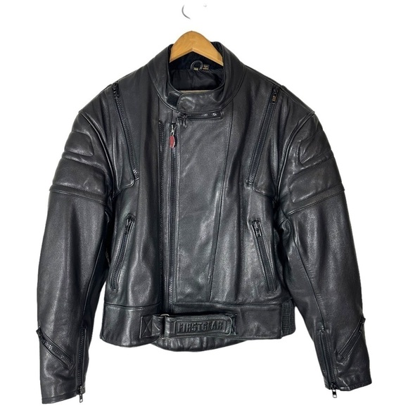 First Gear Motorcycle Black Leather Jacket Size 44 - Picture 1 of 13